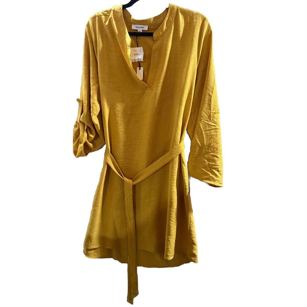 Zoey & Leelo Dress Women's 1X Mustard Drawstring Waist Roll Tab Sleeve V Neck